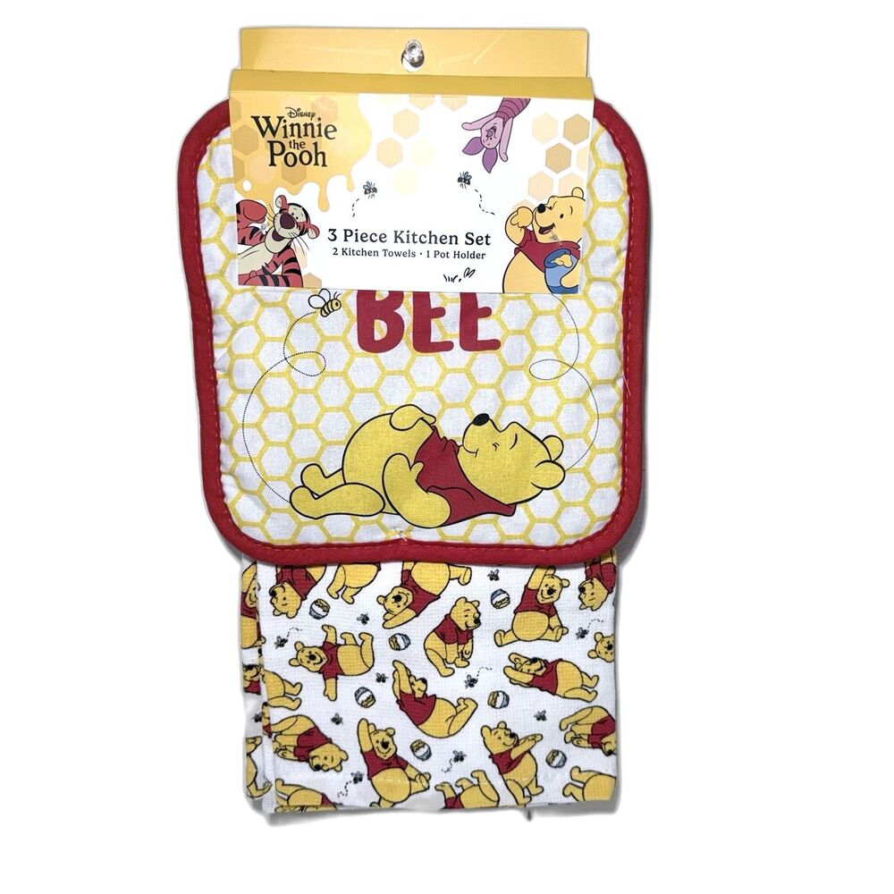 Disney Winnie the Pooh 3 Piece Kitchen 2 Dish Towels, 1 Pot Holder Set NWT